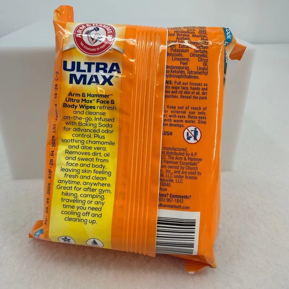 Arm & Hammer Ultra Max Face & Body Wipes Cool Water 30 Count Baking Soda Vegan